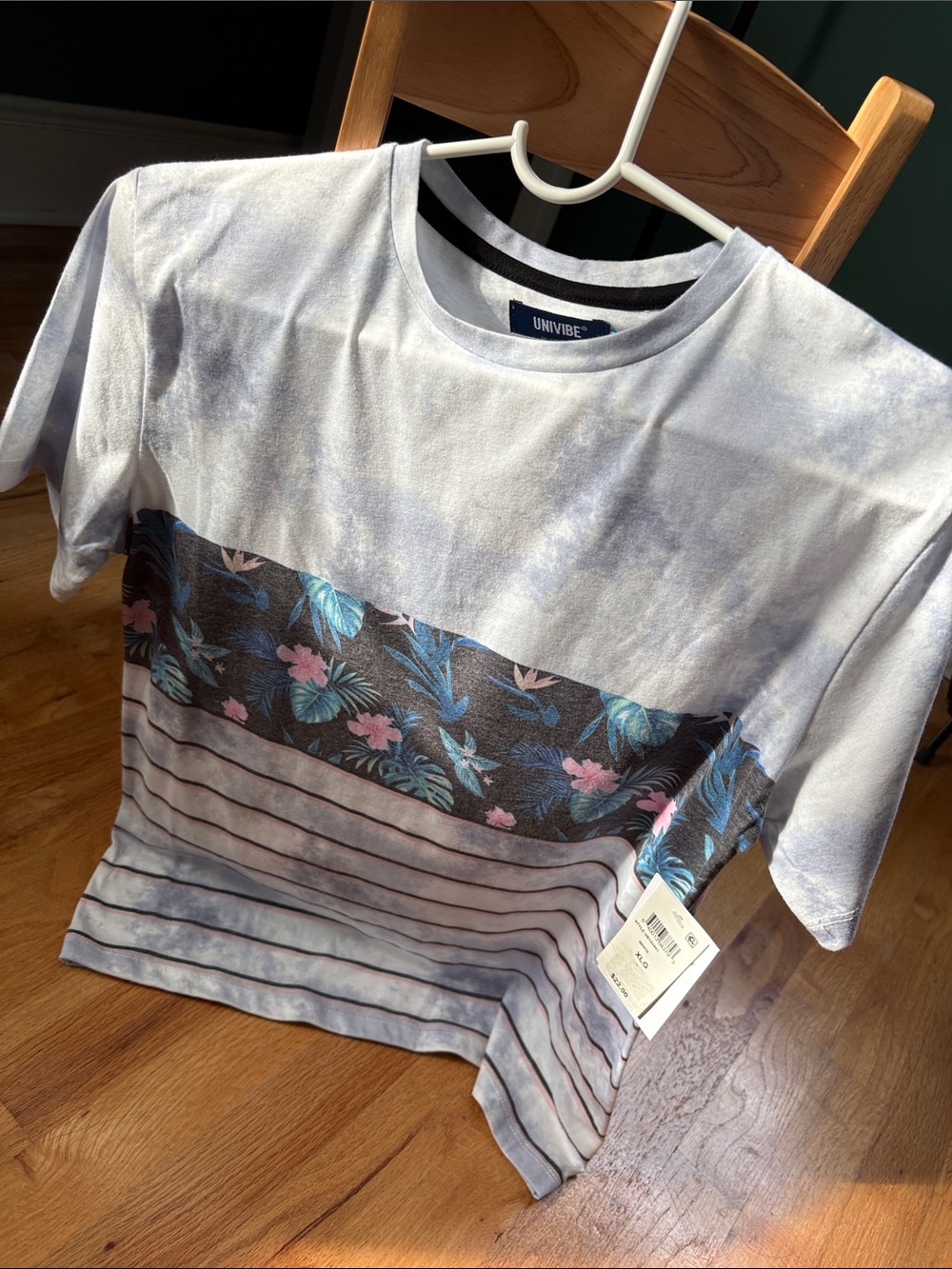 Univibe White Short Sleeve Tee with Blue and Pink Floral Panel